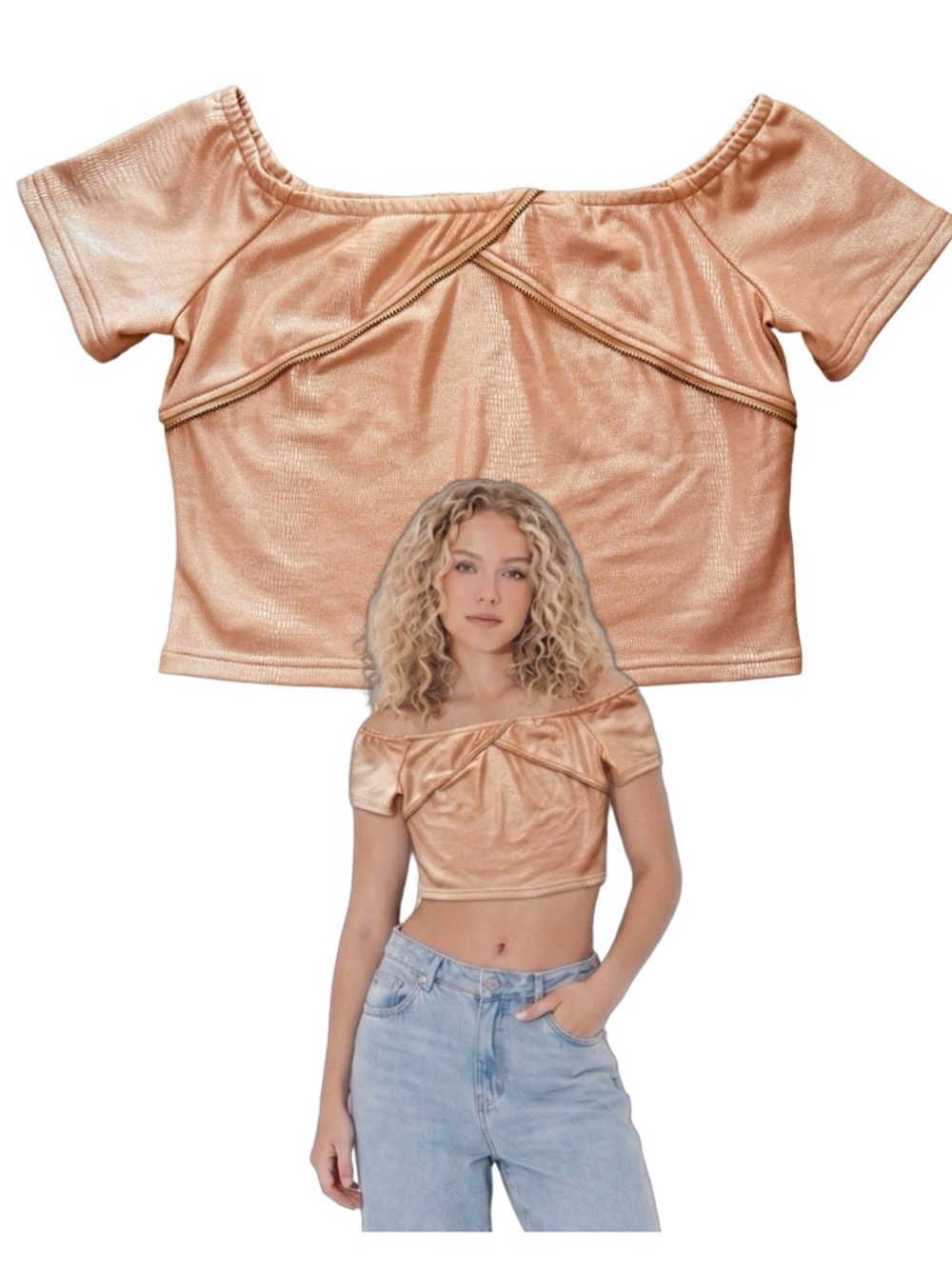 MICHEL Women’s Peach Crop Top Blouse Size Youth XL Cap Sleeves Shiny Snake Print